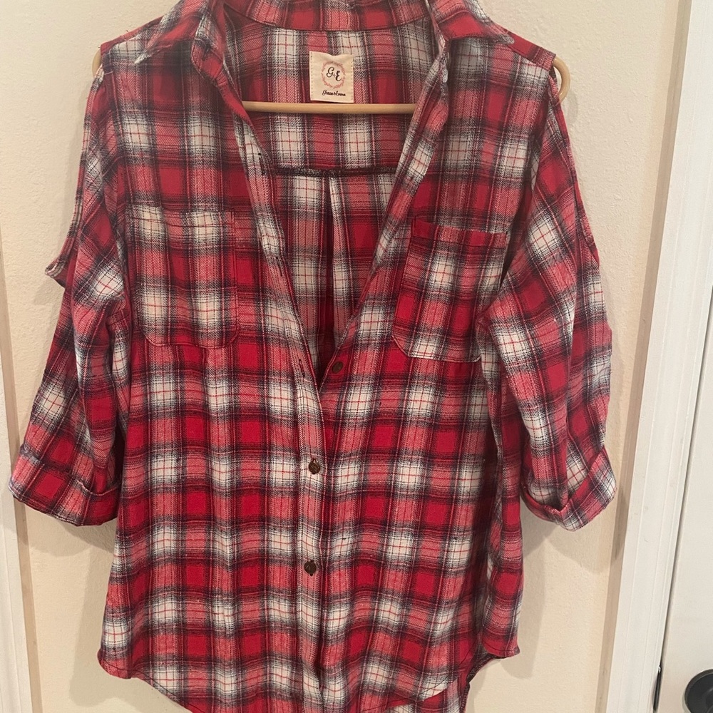Red flannel cold shoulder shirt